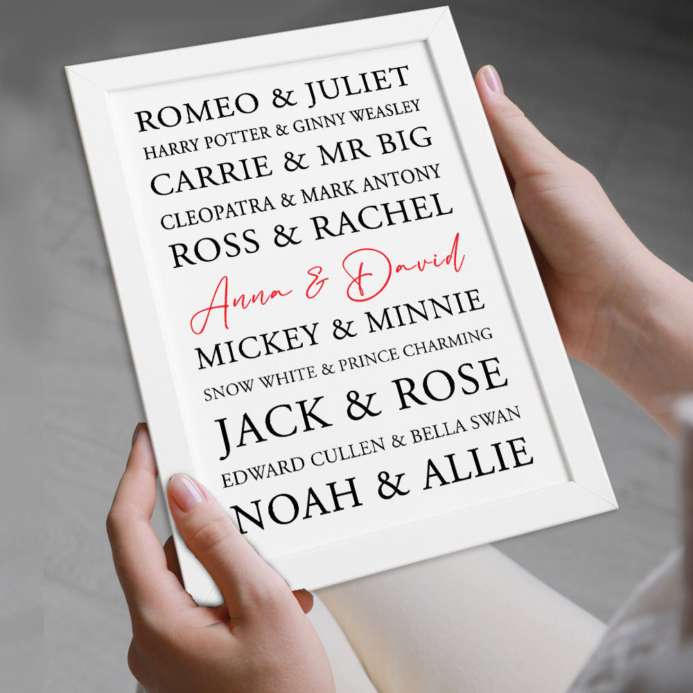 Personalised Great Love Stories With Your Names Added in white frame being held