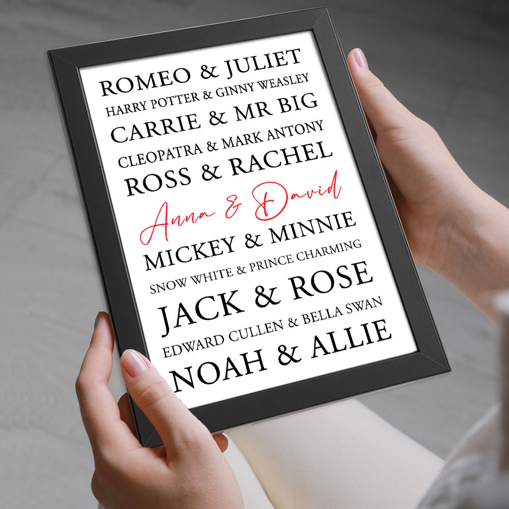 Personalised Great Love Stories With Your Names Added in black frame being held