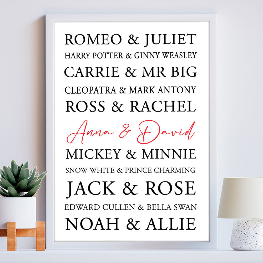 Personalised Great Love Stories With Your Names Added in white frame within the home