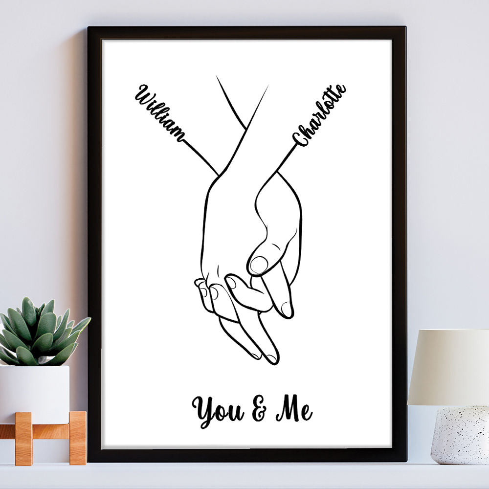 Custom Romantic Print For Couples - Line Art With Names in black frame within the home