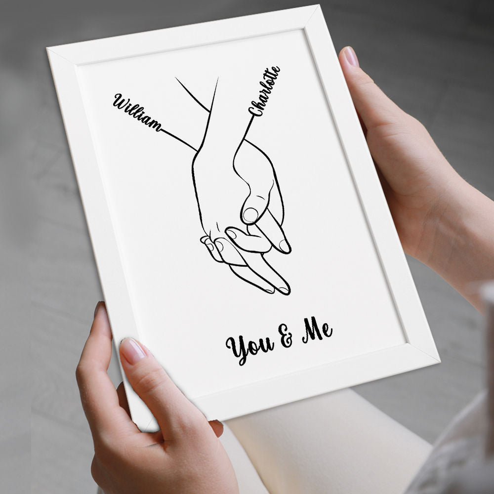 Custom Romantic Print For Couples - Line Art With Names in white frame being held