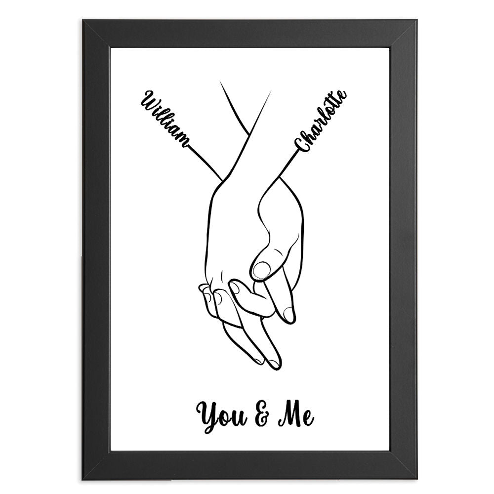 Custom Romantic Print For Couples - Line Art With Names in black frame with white background