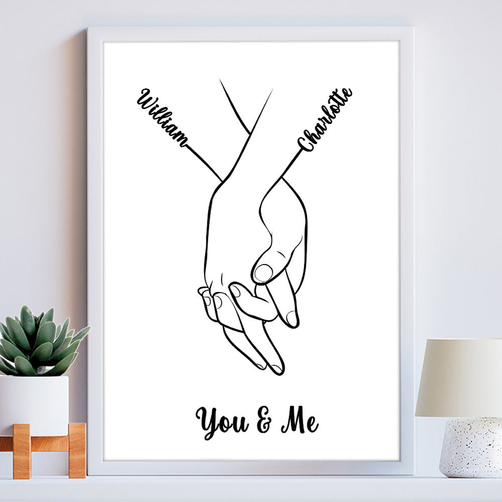 Custom Romantic Print For Couples - Line Art With Names in white frame within the home