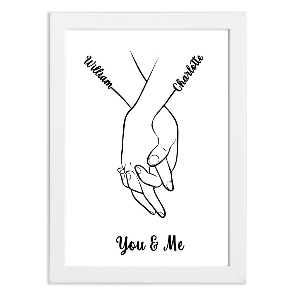 Custom Romantic Print For Couples - Line Art With Names in white frame with white background