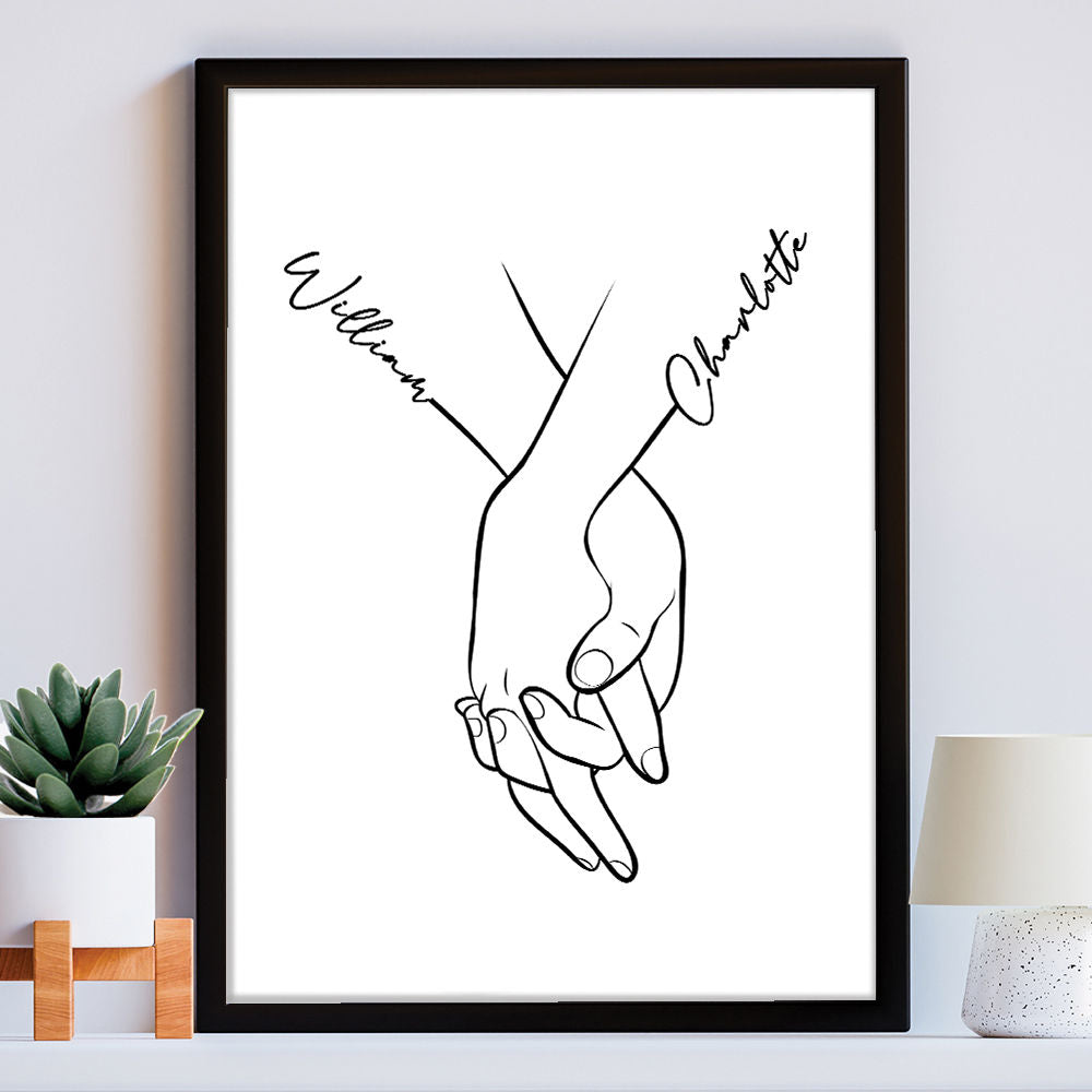 Personalised Names In Hands Romantic Gift For Him and Her in white frame within the home