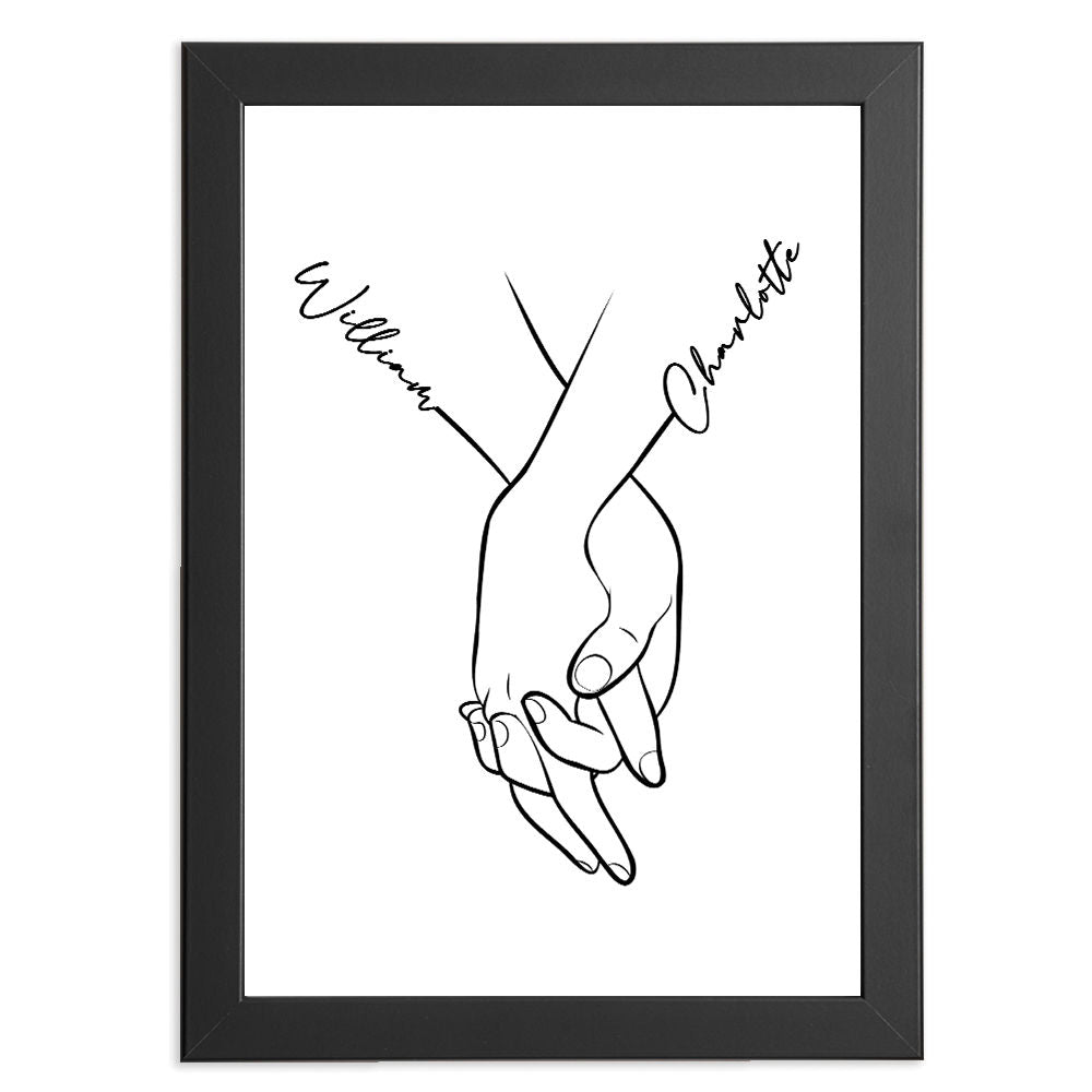 Personalised Names In Hands Romantic Gift For Him and Her in black frame with white background