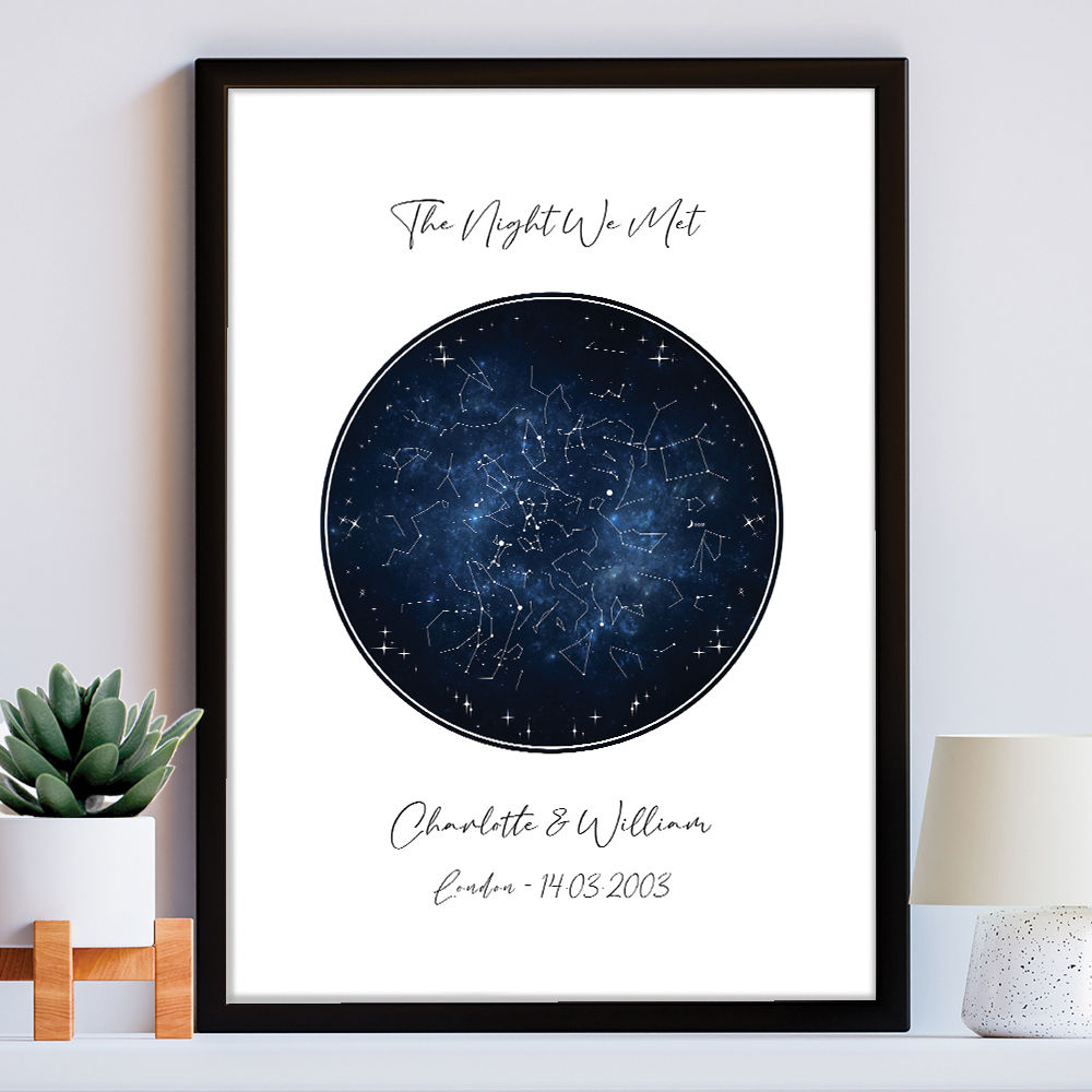 Custom Star Map In Night Sky Blue in black frame within the home