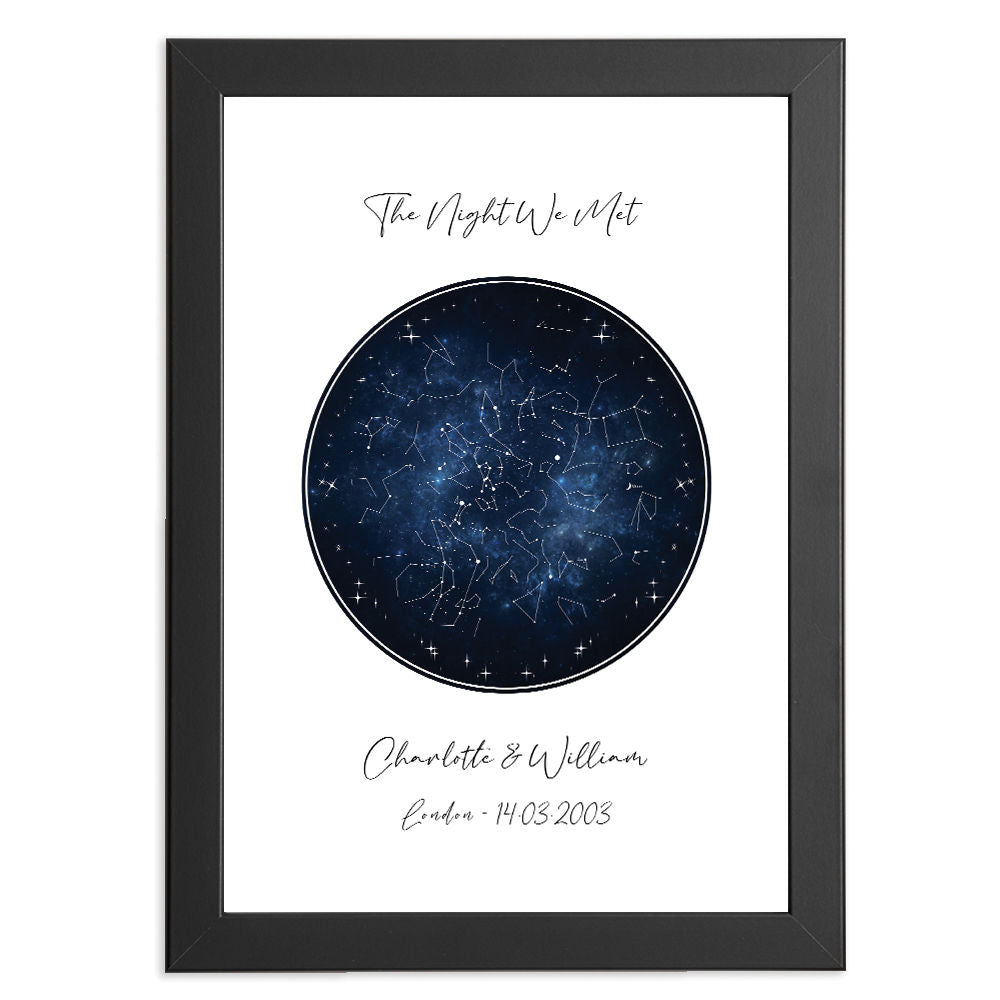 Custom Star Map In Night Sky Blue in black frame with white background