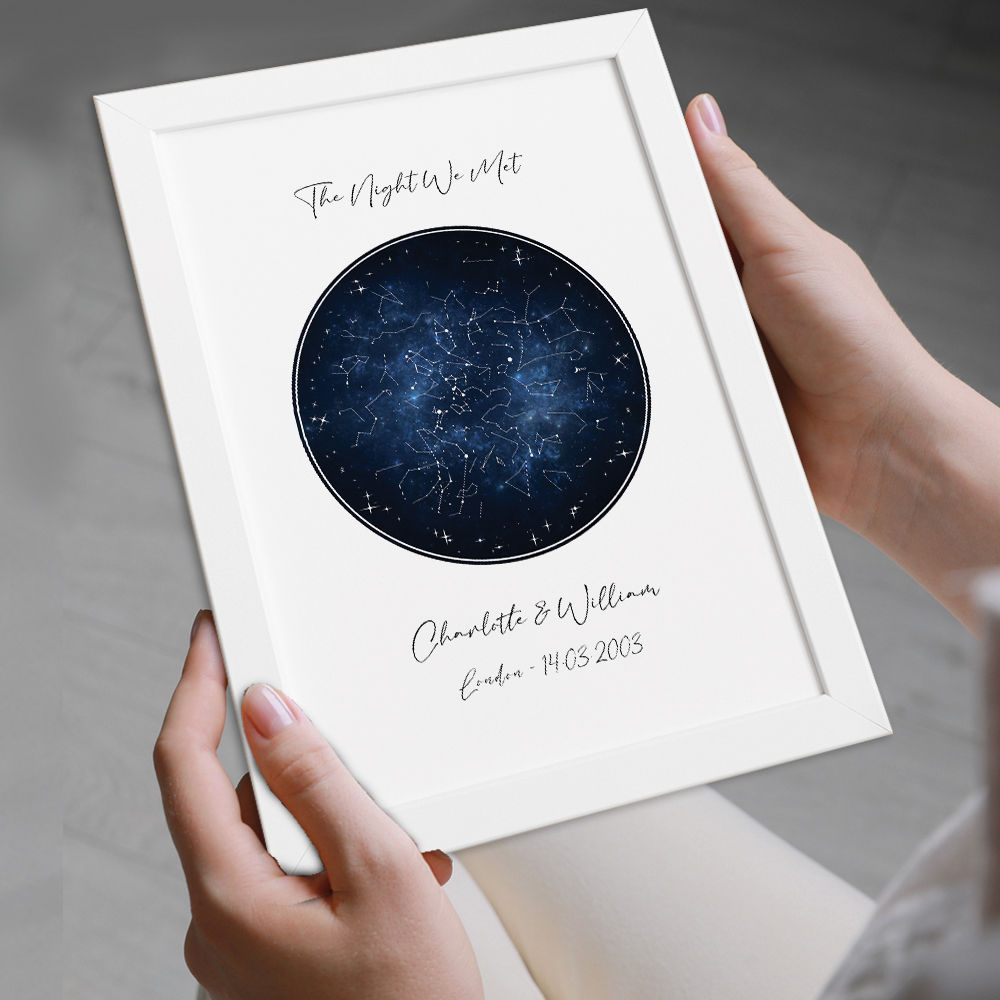 Custom Star Map In Night Sky Blue in white frame being held