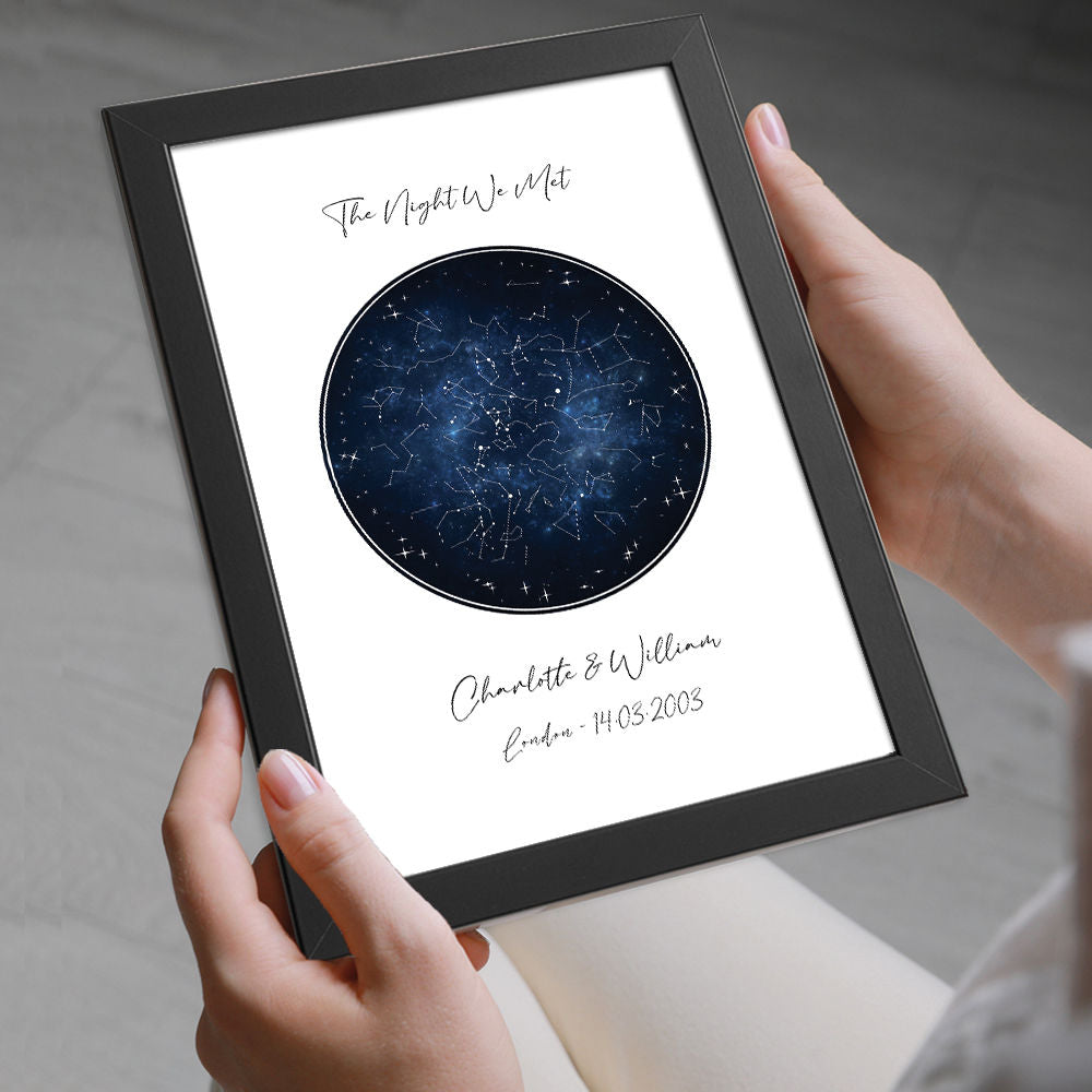 Custom Star Map In Night Sky Blue in black frame being held