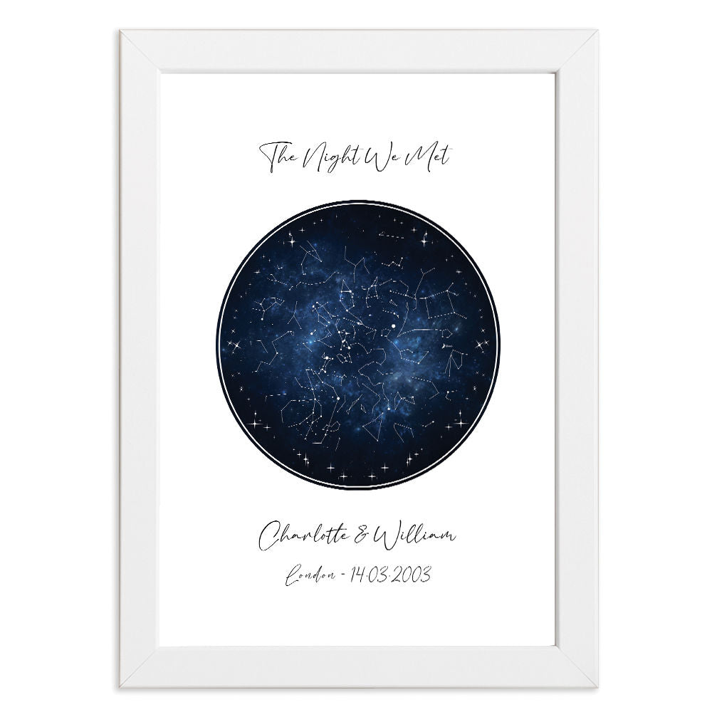 Custom Star Map In Night Sky Blue in white frame with white background