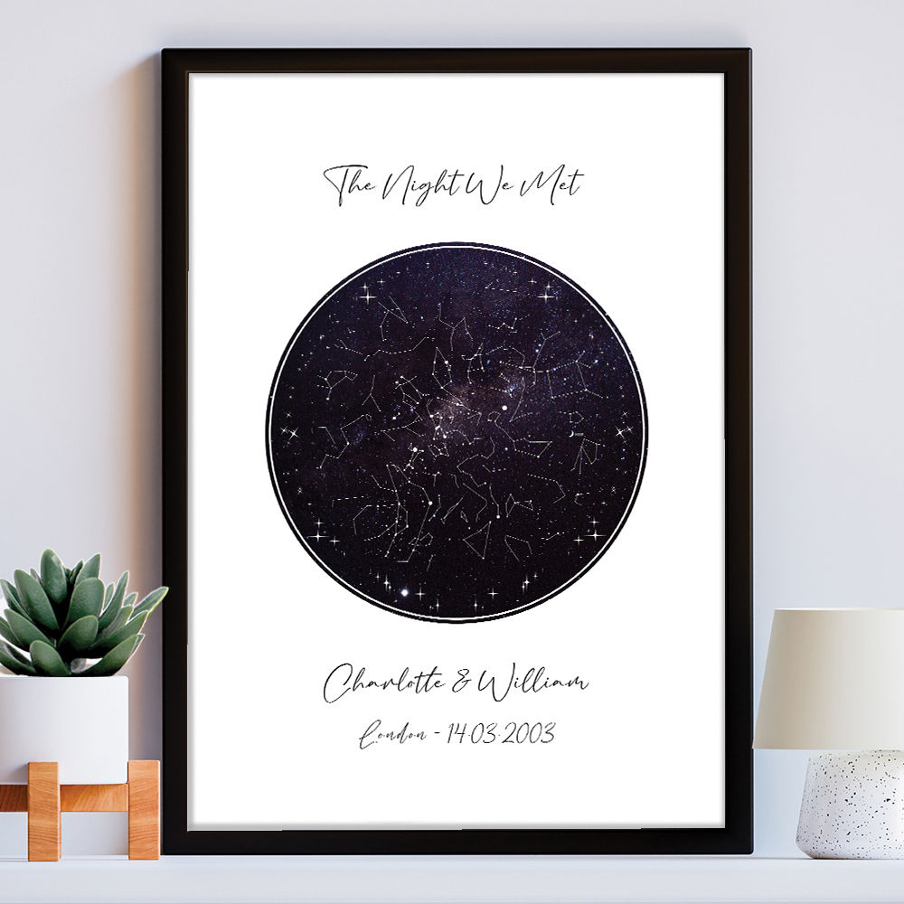 Personalised Star Map Night Sky for Him And Her in black frame within the home