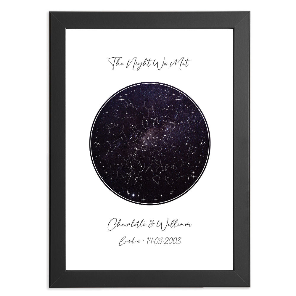 Personalised Star Map Night Sky for Him And Her in black frame with white background