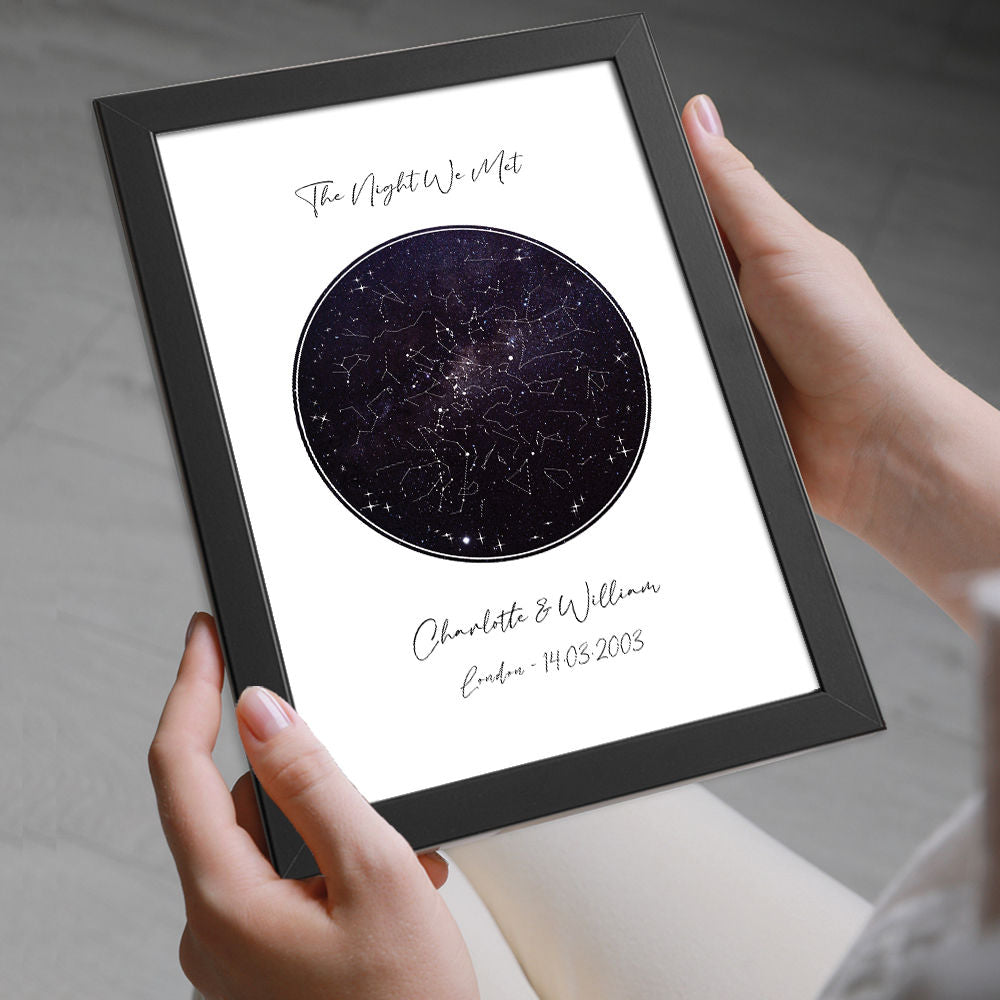 Personalised Star Map Night Sky for Him And Her in black frame with white background