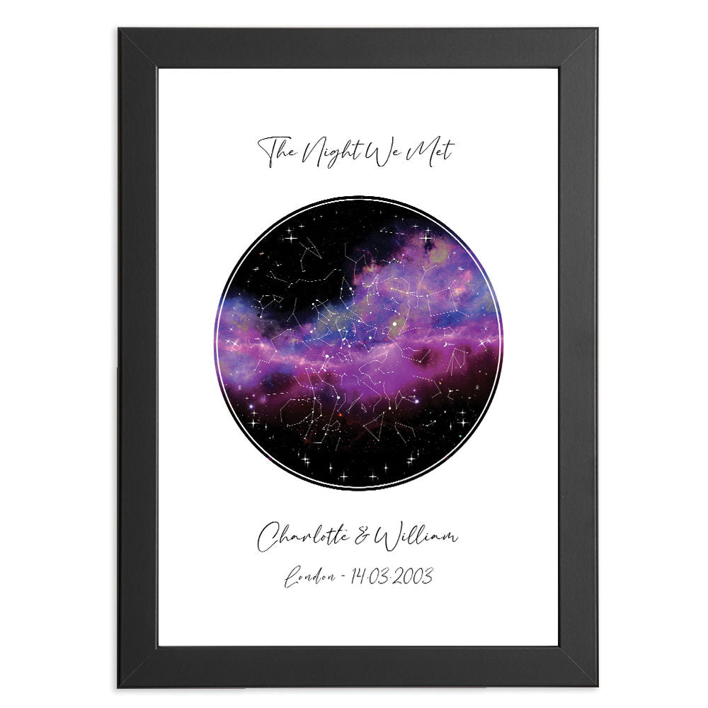 Personalised Star Map Night Sky Print With Black And Pink Background in black frame with white background