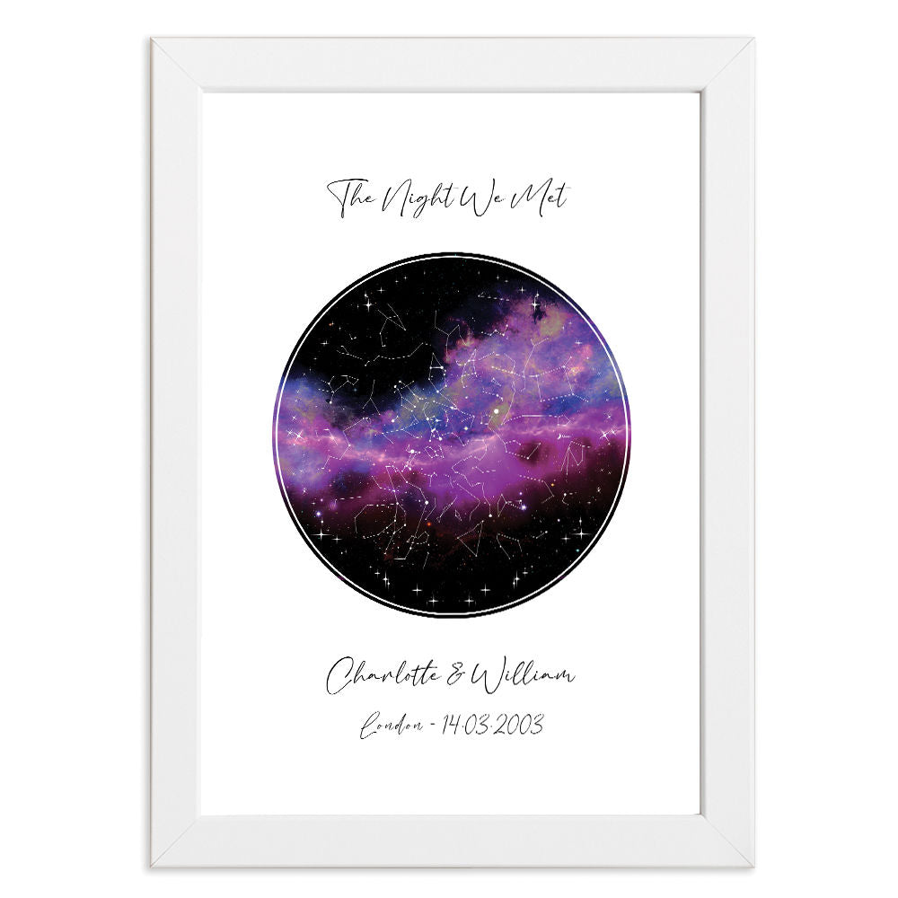 Personalised Star Map Night Sky Print With Black And Pink Background in white frame with white background