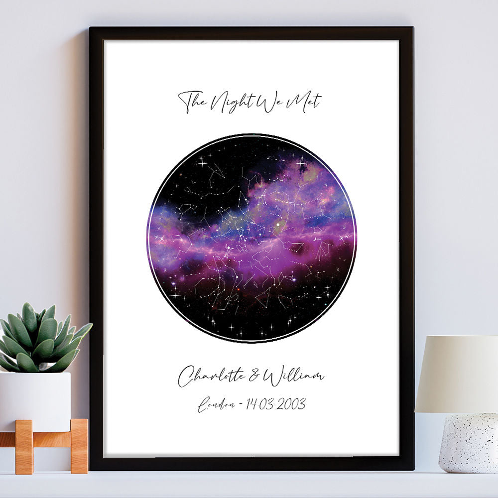 Personalised Star Map Night Sky Print With Black And Pink Background in white frame within the home