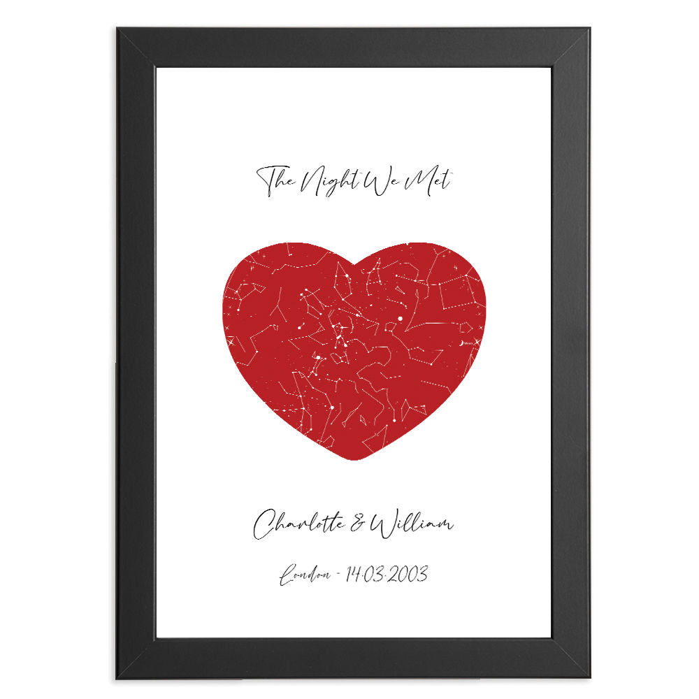 Custom Star Map Of The Night Sky Transformed In A Heart in black frame with white background