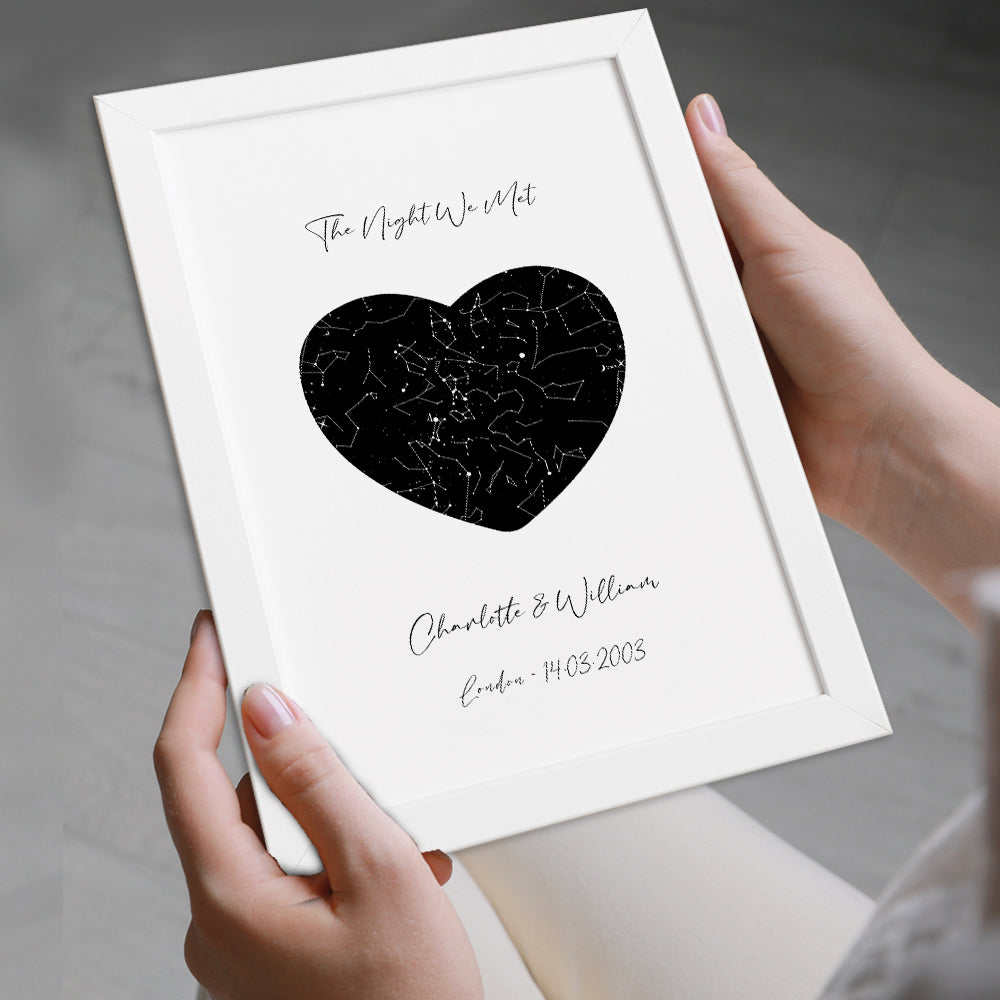 Custom Star Map Of The Night Sky Transformed In A Heart in black frame with white background