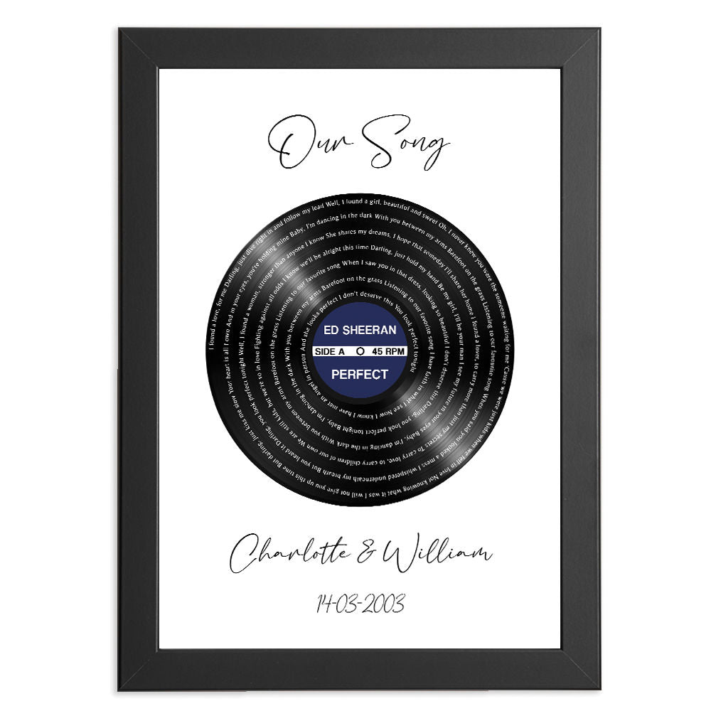 Personalised Any Song Lyrics Gift - Vinyl Style In Any Colour in black frame with white background