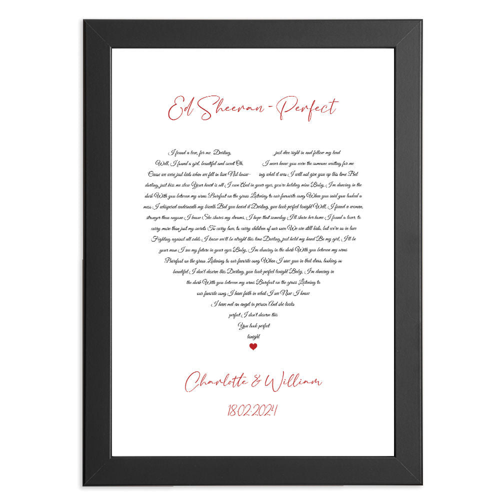 Personalised Lyrics Art In A Heart Shape in black frame with white background