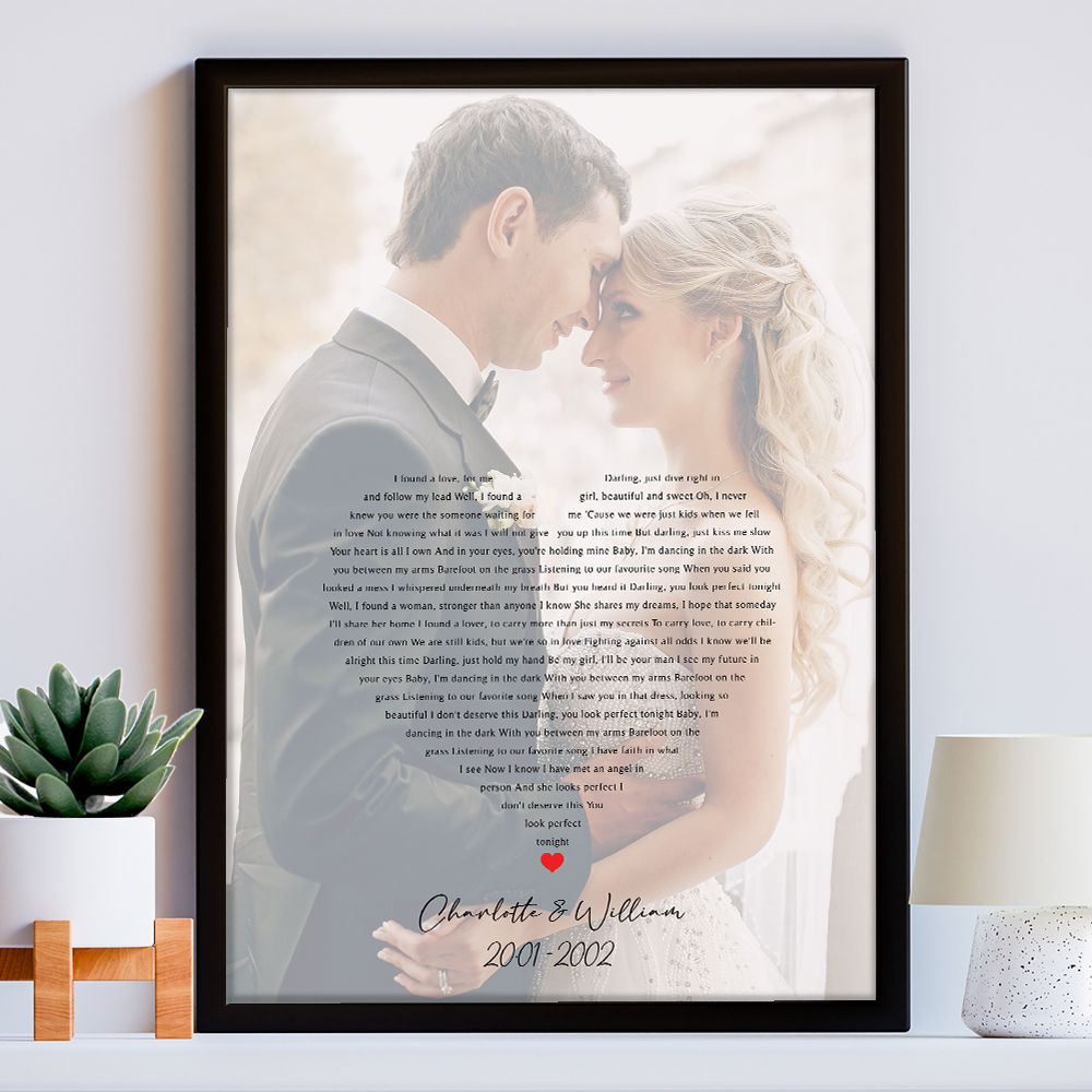 Personalised Lyrics Art In Heart Shape With Photo for Him and Her in black frame within the home