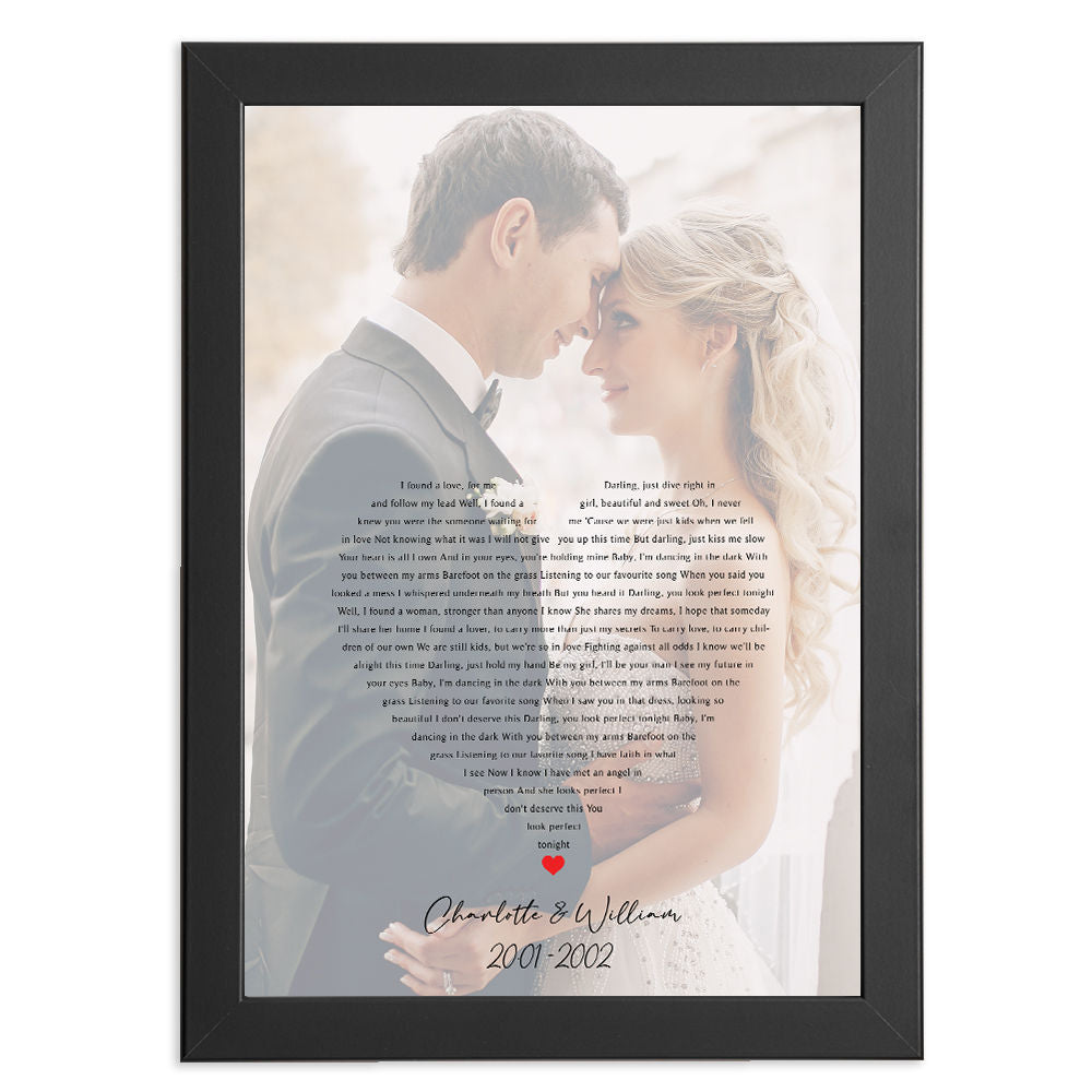 Personalised Lyrics Art In Heart Shape With Photo for Him and Her in black frame with white background