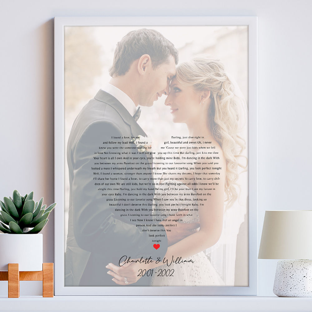 Personalised Lyrics Art In Heart Shape With Photo for Him and Her in white frame within the home