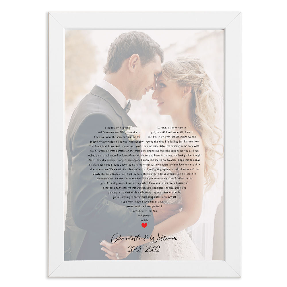 Personalised Lyrics Art In Heart Shape With Photo for Him and Her in white frame with white background