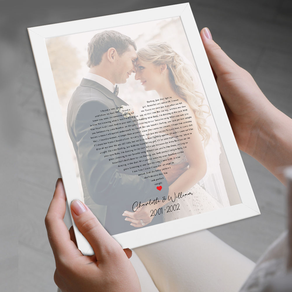 Personalised Lyrics Art In Heart Shape With Photo for Him and Her in white frame being held